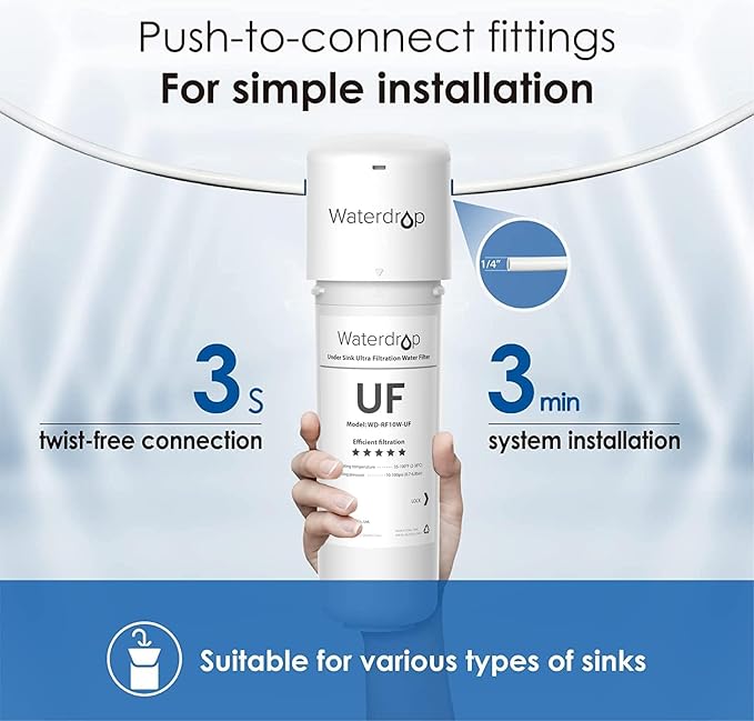 Waterdrop 10UBW-UF 0.01 μm Ultra Filtration Under Sink Water Filter System for Baçtёria Reduction, Reduces Lead, Chlorine, Bad Taste & Odor, 8K Gallons, with Dedicated Faucet, USA Tech