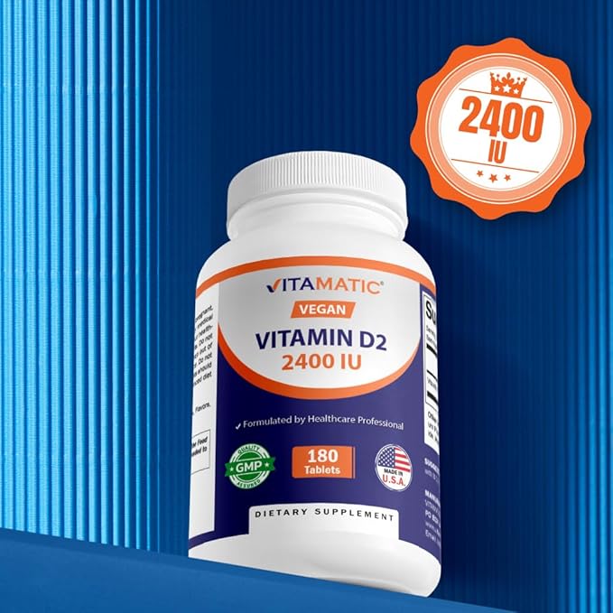 Vitamatic Vitamin D2 60 mcg (2400 IU) - Ergocalciferol - 180 Vegetarian Tablets (180 Tablets (Pack of 1)) (3 Bottles)