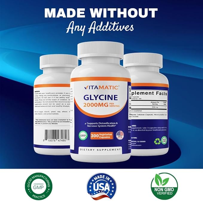 Vitamatic Glycine Supplement, 2000mg Per Serving, 300 Count, Non-GMO, Gluten Free
