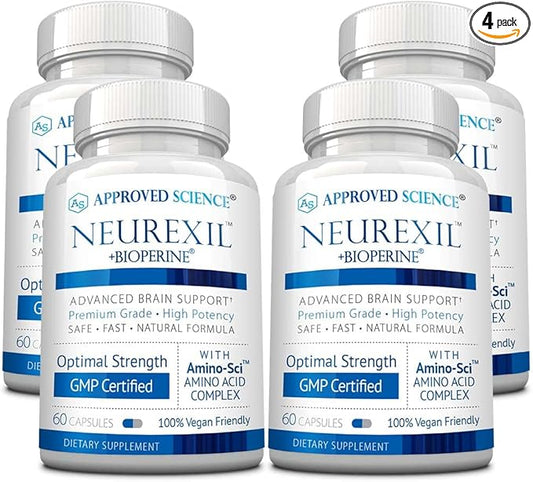 Approved Science Neurexil - Natural Nootropic Support with DMAE - Enhance Brain Function, Sharpen Clarity, Boost Memory - L-Tyrosine, Ginkgo Biloba, Huperzine A, BioPerine - 4 Month Supply