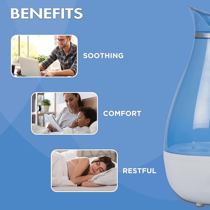 HealthWise Cool Mist Ultrasonic Humidifier | For Medium Size Rooms | No Filter Required | 24 Hour Run Time, Blue, 2.6L