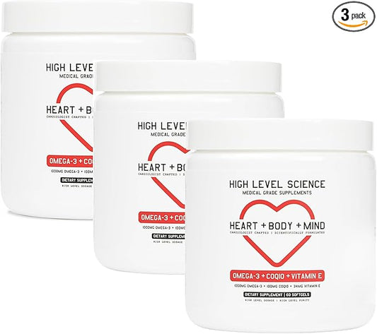 High Level Science CoQ10, Omega-3, Vitamin E, Cardiologist Formulated for Heart + Body + Mind Health, DHA/EPA, Antioxidant for Energy, Superior Bioavailable Fish Oil, Gluten Free, 60 Softgels - 3 Pack