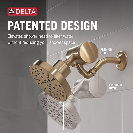 Delta Faucet 5-Setting H2Okinetic Shower Head Gold with Clarifi Premium Shower Filter Attachment with Filter