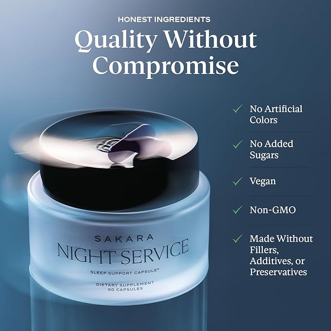 SAKARA Night Service Sleep Support Capsules – Natural Sleep Aid with Magnesium Glycinate, GABA & 5-HTP for Calming, Deep Rest, Better Sleep & Muscle Relaxation – Non-Habit Forming– 60 Capsules