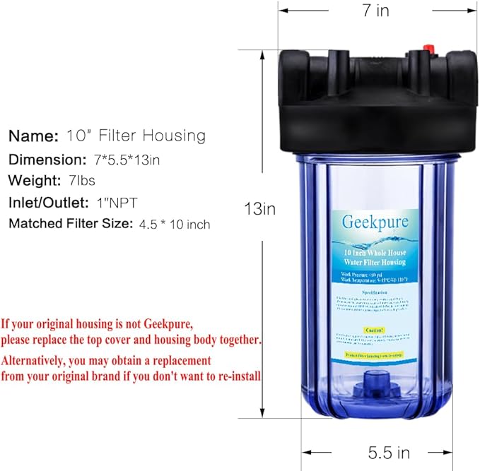 Geekpure 10 Inch Big Clear Water Filter Housing for Whole House Water Filtration with Wrench Bracket -1" Port-4.5" x 10"