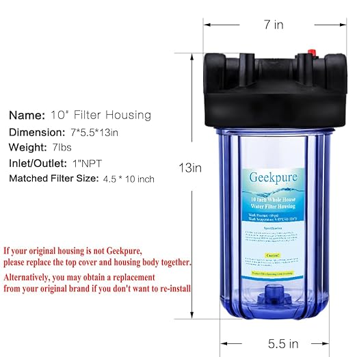 Geekpure 10-Inch Whole House Clear Water Filter Housing with Wrench and Bracket -4.5 x 10 Inch-1" Port-Pack 2