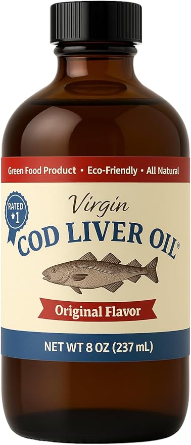 Virgin Cod Liver Oil - 8 Fl oz Natural, Wild Caught & Fresh Tasting, High in Vitamin D, Omega 3 DHA/EPA (Original Taste-Unflavored)
