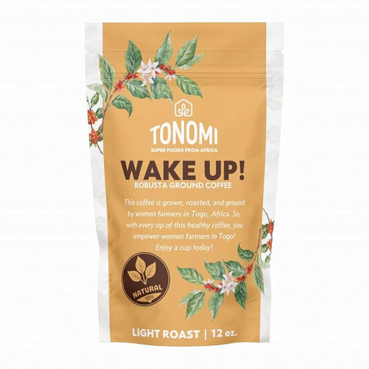 Tonomi Wake Up! Light Roast Ground Coffee - All Natural Blend with Hint of Vanilla, Chocolate & Caramel - Coarse Grounds for Cold Brew or Traditional Brewing - Caffeine Packed, 12oz