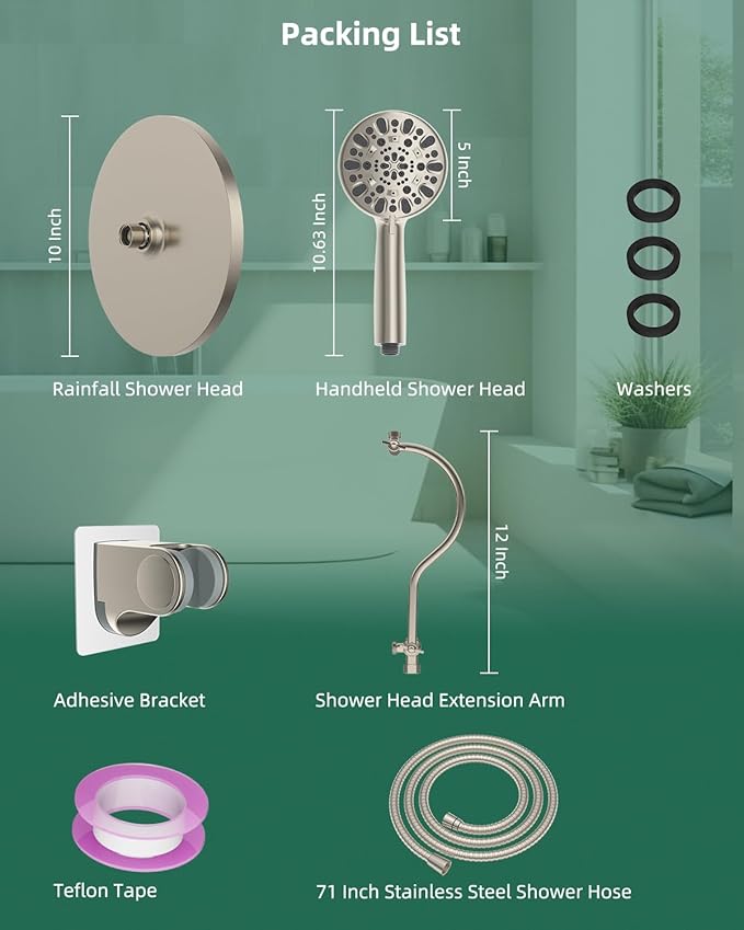 10'' Self-cleaning Rainfall Shower Head, High Pressure Handheld Shower Head, Showerhead Combo with 12'' Adjustable Curved Shower Extension Arm, 7-Spray, 71'' Hose, Showerhead Holder, Brushed Nickel