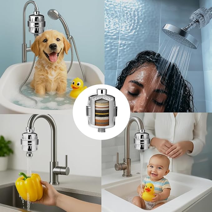 COLSEN Shower head Filter – Universal Bath Water softener for tub + 1 filter cartridge 15 stage filtration system handheld purifier for hard water, removes fluoride, vitamin c improves nails & hair
