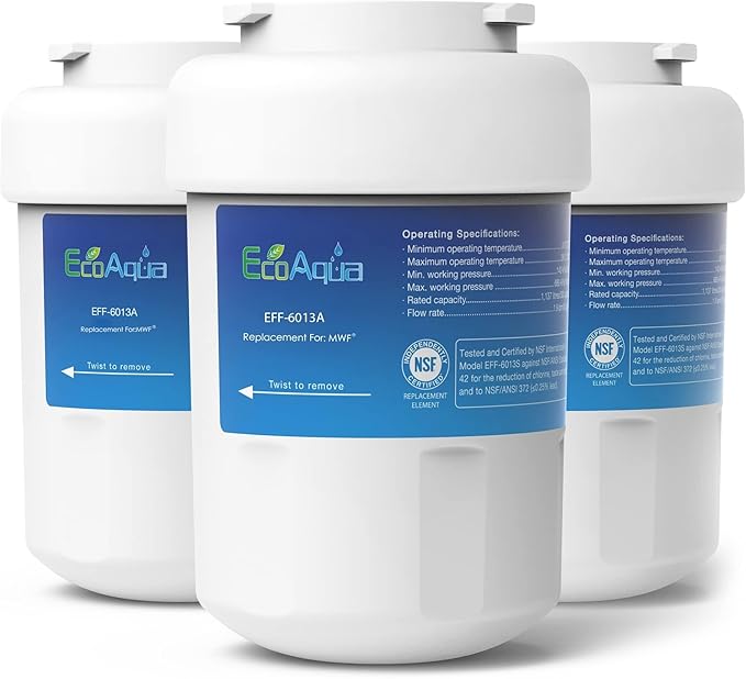 EcoAqua EFF-6013A Replacement Filter, Compatible with GE MWF SmartWater, MWFA, MWFP, GWF, GWFA, 46-9991, HDX FMG-1, WFC1201, GSE25GSHECSS, PC75009, RWF1060 Refrigerator Water Filter, 3 Pack