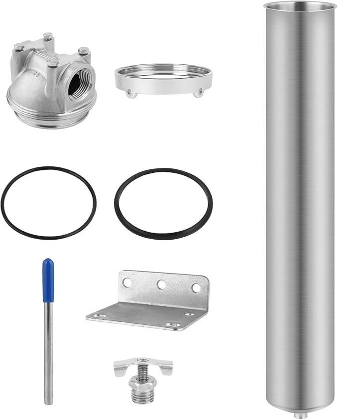 Amwater NSF/ANSI 42 Stainless Steel Whole House Water Filter Housing, 20" x 2.5" Sediment Water Filter System for Heavy Duty, Well & City Water, 3/4" NPT Port, Drain Valve Style A