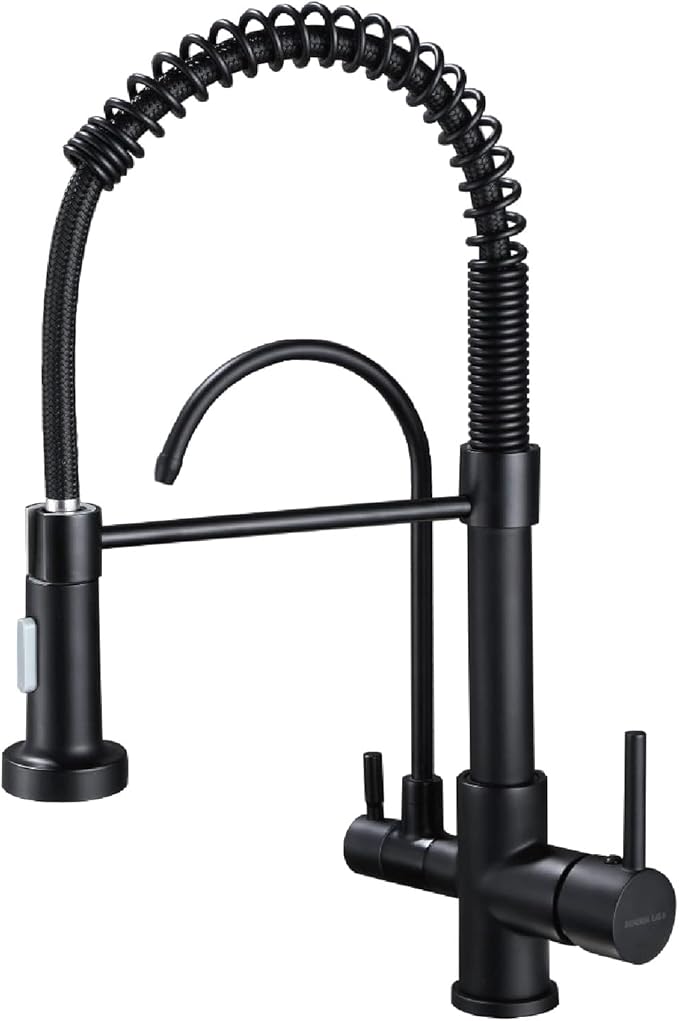 HUAHUALALA 3 in 1 Kitchen Sink Faucet 2 Handle with Spring Sprayer, Kitchen Faucet with Filter, Brass Drinking Water Faucets Reverse Osmosis Matte Black