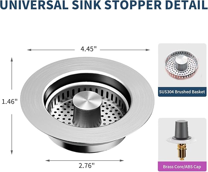 3-in-1 Kitchen Sink Drain Strainer Stopper – 304 Stainless Steel Pop Up Sink Plug with Filter Basket, Anti-Clog Design, Fits 3-1/2” US Standard Kitchen Sink Drains