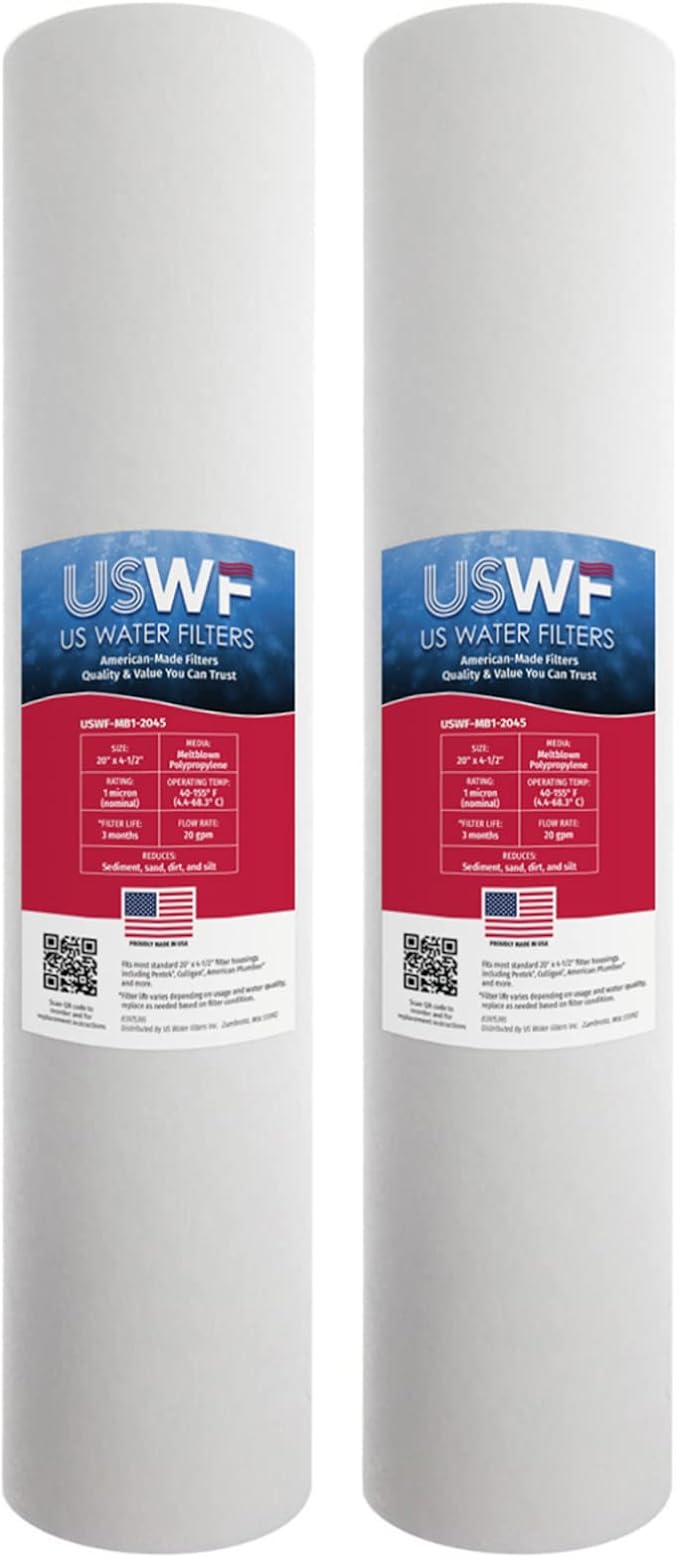 1 Micron 20 Inch x 4.5 Inch | 2-Pack Melt Blown Polypropylene Whole House Sediment Cartridge | Compatible with Pentek DGD-2501-20, Hydronix SDC-45-2001 | Made in the USA, US Water Filters