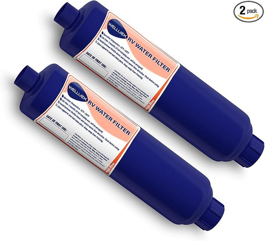 WELLUCK RV Camper Inline Water Filter Reduce Chlorine and Odor, 2 Packs RV Camping Water Hose Filter Accessories for Camping Trailer Motorhome Boat Marine Drinking Garden Car Washing