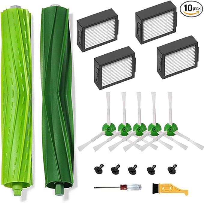 Replacement Parts and Accessories Compatible for iRobot Roomba i3, i4, E5, E6, E7, I, E & J Series Vacuum Cleaners - 1 Set of Rubber Brushes 4 HEPA Filters & 5 Side Brushes