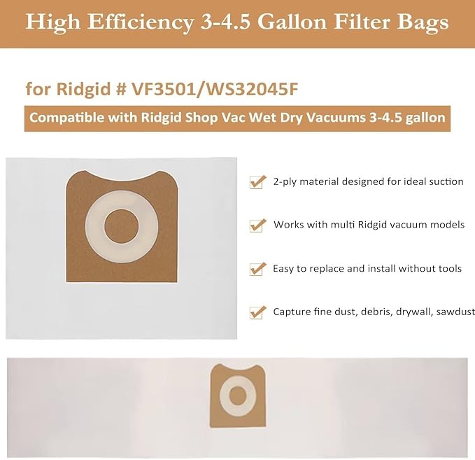 2 Pack VF3500 Filter Replacement for Ridgid Portable Vac 3-4.5 Gallon Wet Dry Vacuums + 4 Pack VF3501 Filter Bags (6 Pack)