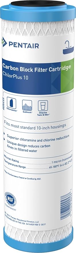 Pentair Pentek ChlorPlus10 Carbon Water Filter, 10-Inch, Under Sink Chloramine Reduction Carbon Replacement Cartridge, 10" x 2.5", 1 Micron