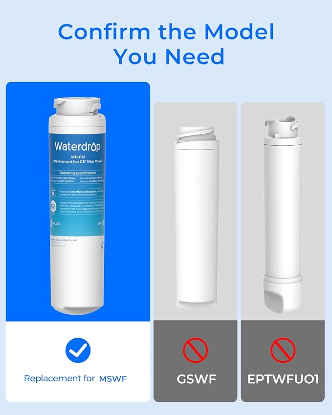 Waterdrop MSWF Refrigerator Water Filter, Replacement for GE® MSWF, 101820A, 101821B, RWF1500A, NSF 42&372 Certified, Pack of 3