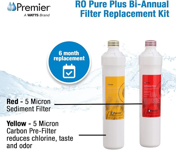 Watts Premier Bi-Annual RO Pure Plus 2-Pack Filtration Kit for 4 Stage Pure Plus/Zero Pure Plus Reverse Osmosis System, Push Button Water Filter Replacement, Sediment Filter, Carbon Pre-Filter