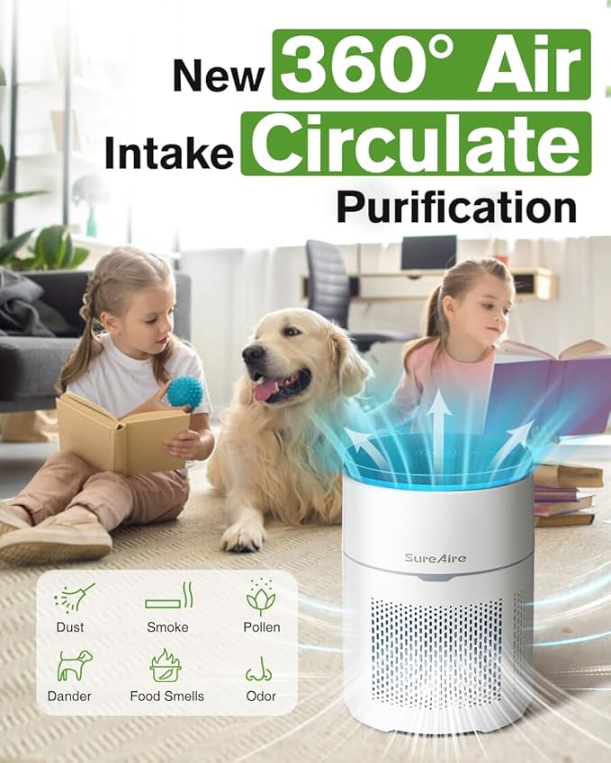 Air Purifier for Home Office, 360° Air Intake Outlet, Portable HEPA Filter Air Cleaner for Room Dust, Smoke, Pollen, Pets Dog Cat Dander, Odor, Low-noise Auto Mode, Desktop Size