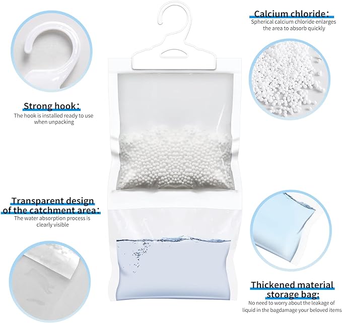 ZSZMFH 12 Pack Moisture Absorber Hanging Bags, Fragrance Free Humidity Packs, Hanging Closet Dehumidifier Bags-220g/pack