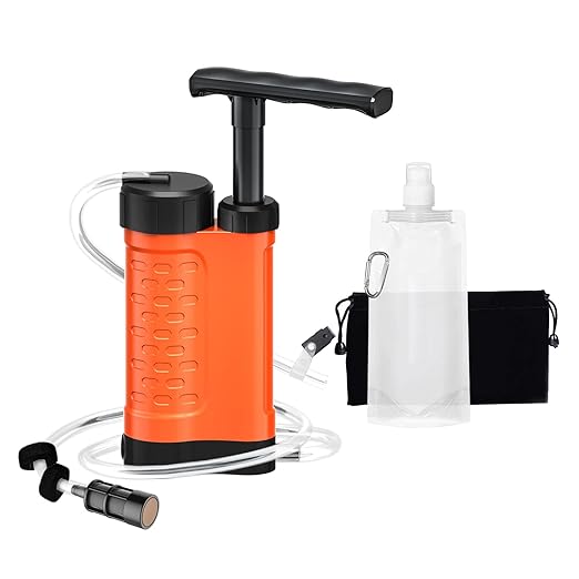 Water Filter Pump, 0.01 Micron 5-Stage Water Filter,Portable Outdoor Emergency and Survival Gear - Camping, Hiking, Backpacking (K8188-Orange)