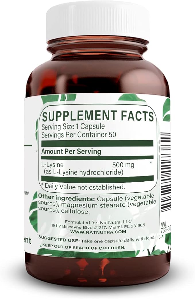 Natural Nutra L Lysine HCl, Promotes Bone Health and Growth, Support Skin Health, Improve Vitamin C Absorption, Helps Built Collagen, Improve Calcium Absorption, Non-GMO, Vegan, 500 mg, 50 Capsules.
