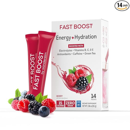 FAST BOOST Energy & Hydration Drink Mix - Berry | Sugar Free Electrolyte Powder Packets with Antioxidants, Green Tea Extract, B Vitamins, Vitamin C & E | 14 Stick Packs