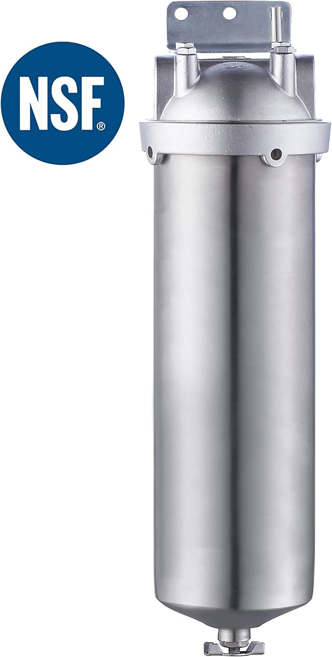 Amwater NSF/ANSI 42 Stainless Steel Whole House Water Filter Housing, 10" x 2.5" Sediment Water Filter System for Heavy Duty, Well & City Water, 1" NPT Port, Drain Valve Style A