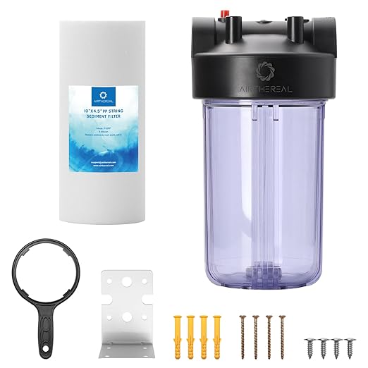 Airthereal Whole House Water Filter Housing, 10" x 4.5" Sediment Carbon Cartridge Universal Housing, Pre-Filtration System for Well and City Water with 1" NPT Port and Include 1-Pack PP Filter