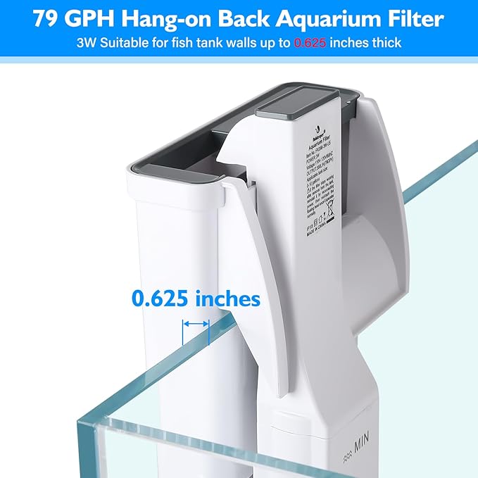 fishkeeper Aquarium Filter Up to 10 Gallon Power Quiet Hang On Back Aquarium Filter Multi-Stage Filtration Fish Tank Filter Waterfall Hob Filter for Freshwater Saltwater (3W 79GPH)