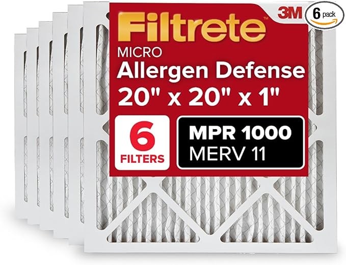 Filtrete 20x20x1 AC Furnace Air Filter, MERV 11, MPR 1000, Micro Allergen Defense, 3-Month Pleated 1-Inch Electrostatic Air Cleaning Filter, 6 Pack (Actual Size 19.69 x 19.69 x 0.81 in)
