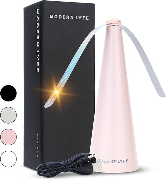 Fly Fans for Tables by Modern Lyfe - AA Battery & USB Powered - Fly Swatter Outdoor Camping Accessory Or for Food at Parties, Restaurants & Picnics, Bug Fan, Spinner Keeps Flies Away (1 Pack - Pink)