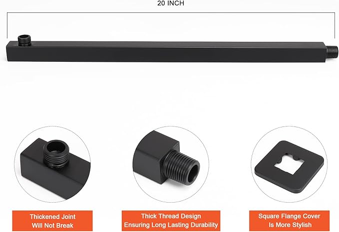 HarJue Shower Head with Extension Arm, High Pressure Square with ShowerArm, Stainless Steel Rainfall-Waterfall Full Body Coverage (16'' Shower with 20'' Arm, Matte Black)