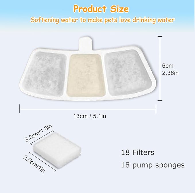 18 Pack PW04 3.5L Wireless Pet Fountain Filters for Hard Water, Reduces Limescale & Bad Taste, Compatible with Oneisall Cat Water Fountain Dispenser, Long Lasting Replacement Filter