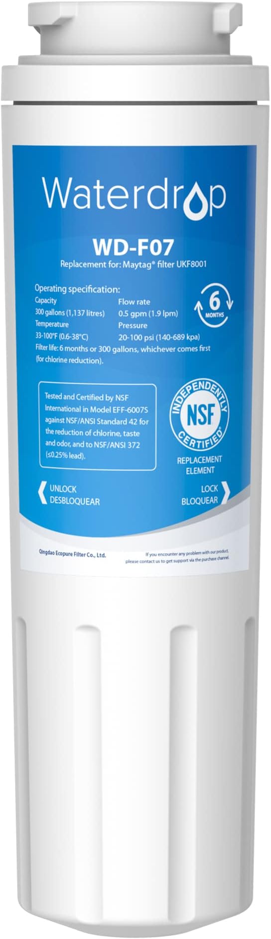 Waterdrop UKF8001 Refrigerator Water Filter 4, Replacement for Whirlpool® EDR4RXD1, EveryDrop® Filter 4, Maytag® UKF8001AXX-750, UKF8001AXX-200, 46-9006, Puriclean II, WF-UKF8001, WD-F07