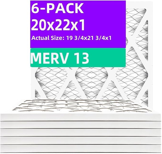 20x22x1 MERV 13 (6-Pack) Air Filter (Actual Size: 19.75"x21.75"x0.75") MPR 1900 & FPR 10, Furnace Air Filters, 20x22x1 air filter