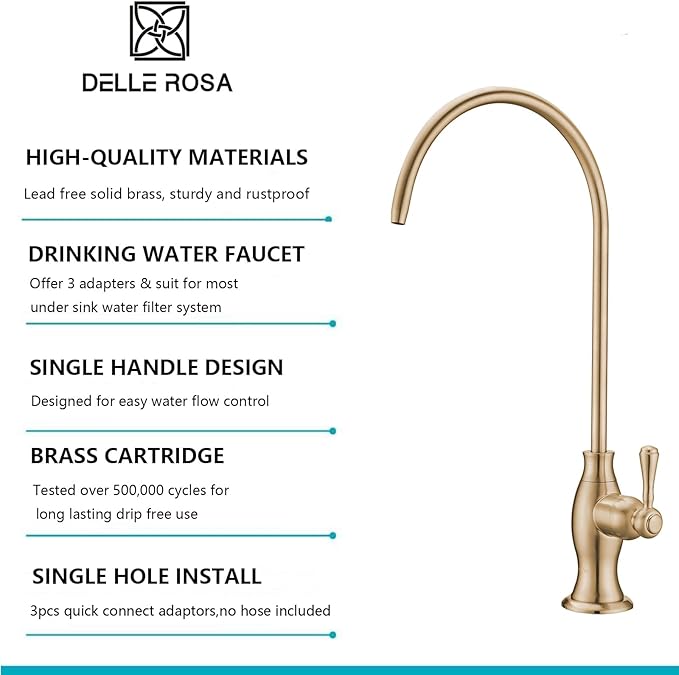Delle Rosa Brushed Gold Drinking Water Faucet, Solid Brass Kitchen Water Filter Faucet, Classical Water Filtration Faucet for Under Sink Water Filter System Brushed Gold（Light Gold）