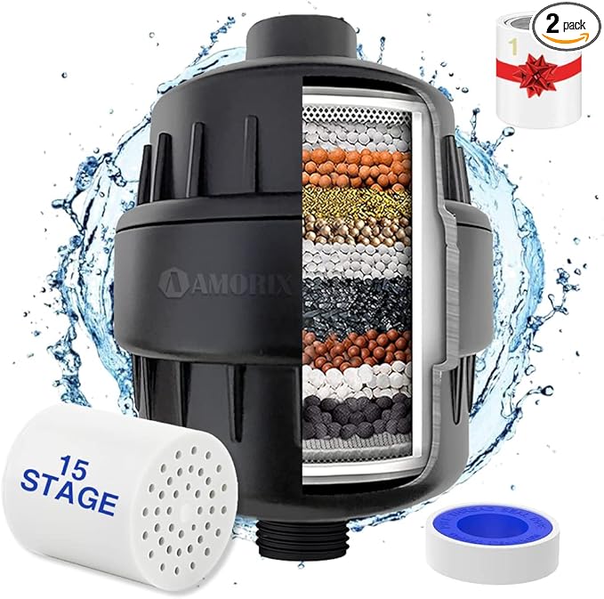 AMORIX 15 Stage Shower Head Filter for Hard Water, High Output, Reduces Chlorine, Dry Skin, Itchy Scalp - Black, 2 Pack