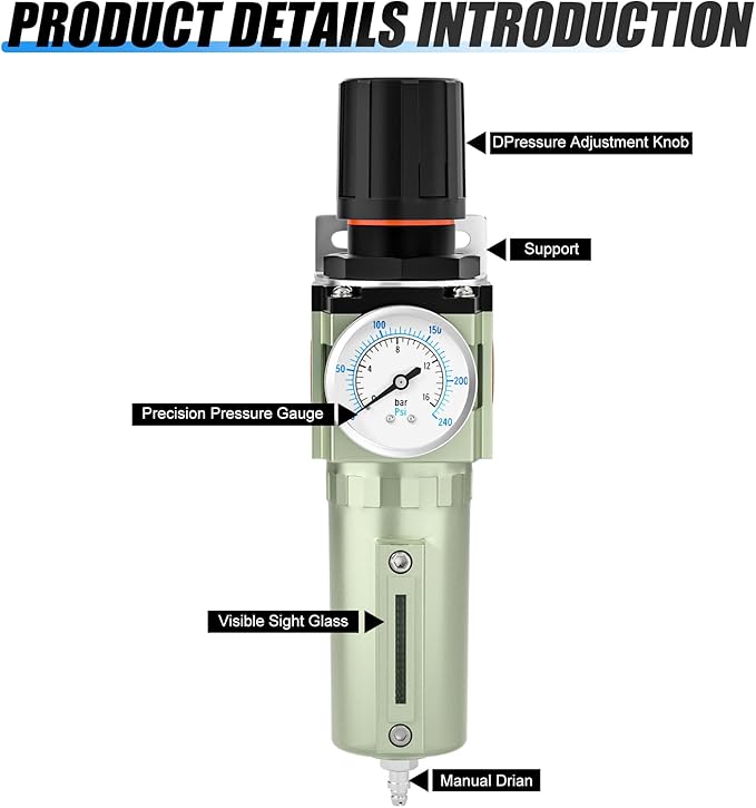 3/4" NPT Heavy Duty Industrial Grade Air Compressor Moisture Filter, Manual Drain, Particulate Filter and Air Regulator For Plasma Cutter and Paint Spray
