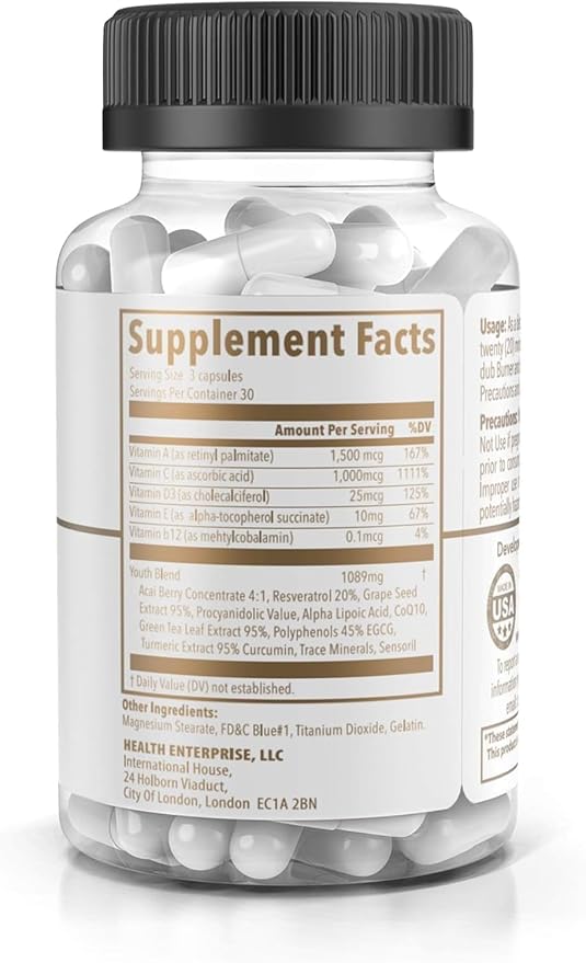 Youth - Formula with Acai, Resveratrol, Curcumin, Vitamins A, C, D, E, B12, and CoQ10 - Supports Immunity and Mobility - 90 Capsules