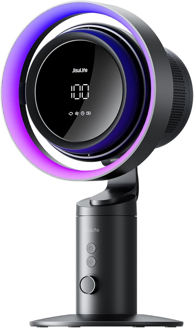 Jisulife Table Fan Pro3, 3-IN-1 Turbo Oscillating Fan with Air Purifier and RGB Light, H11 HEPA Filter, 100-Speed Adjustable, 10000mAh Rechargeable Battery, Powerful Airflow for Desktop/Office/Bedroom