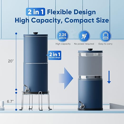 Purewell 3-Stage 0.01μm Ultra-Filtration Gravity Water Filter System, NSF/ANSI 42&372 Certification, 304 Stainless Steel Countertop System with 2 Filters and Stand, Reduce 99% Chlorine, 2.25G, PW-OB