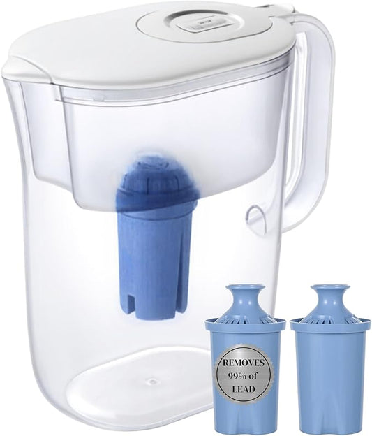 10-Cup Water Filter Pitcher & 2 Extended Life Water Filters (Removes Lead - 6 Months Per Filter) & Electronic Replacement Reminder - Compatible with Brita Water Pitcher/Brita Filter Pitcher