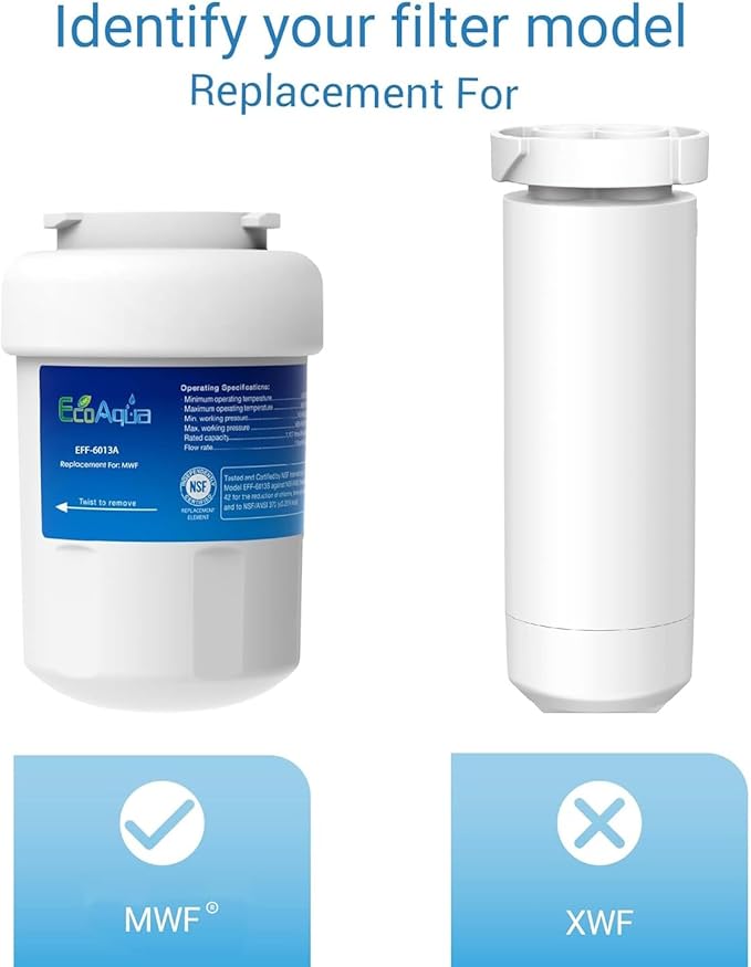 EcoAqua EFF-6013A Replacement Filter, Compatible with GE MWF SmartWater, MWFA, MWFP, GWF, GWFA, 46-9991, HDX FMG-1, WFC1201, GSE25GSHECSS, PC75009, RWF1060 Refrigerator Water Filter, 1 Pack