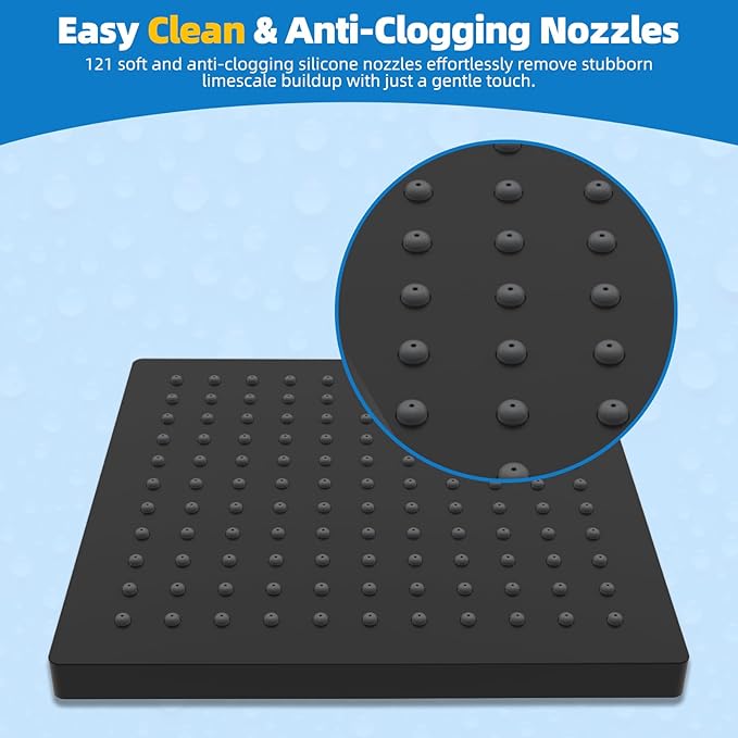 Hibbent Thickness Metal Rain Shower Head, 8 Inch High Pressure Rainfall Shower Head, Square Bathroom Waterfall Shower Heads, High Flow Fixed Showerheads with Adjustable Brass Ball Joint, Matte Black