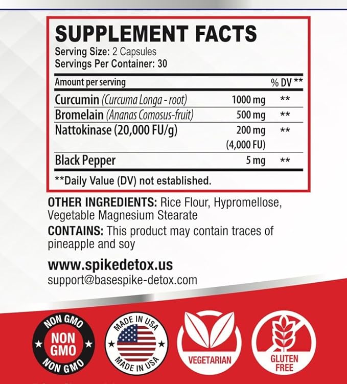Spike Protein Detox - Spike Support Supplement with Nattokinase 4000Fu, Bromelain 500mg, Curcumin 1000mg - Unflavored Blend Promoting Improved Wellness - Made in The USA - 60 Capsules, 30 Day Supply