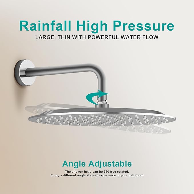 All Metal Rain Shower Head - Heavy Duty Stainless Steel, Easy Install, High Water Flow, Ultra-Thin Modern Design for Bathroom (Chrome, 12)